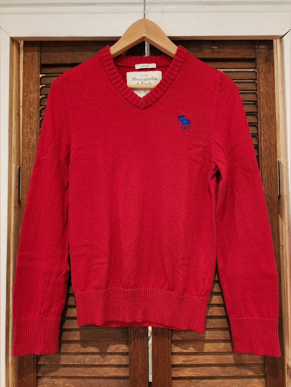 Abercrombie & Fitch Men's Bright Red V-Neck Sweater with Blue Moose Logo